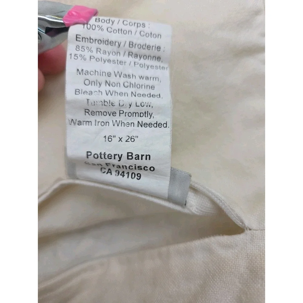 Pottery Barn Embroidered Floral Pillow Sham Cover White Zip 16x26 100%‎ Cotton
